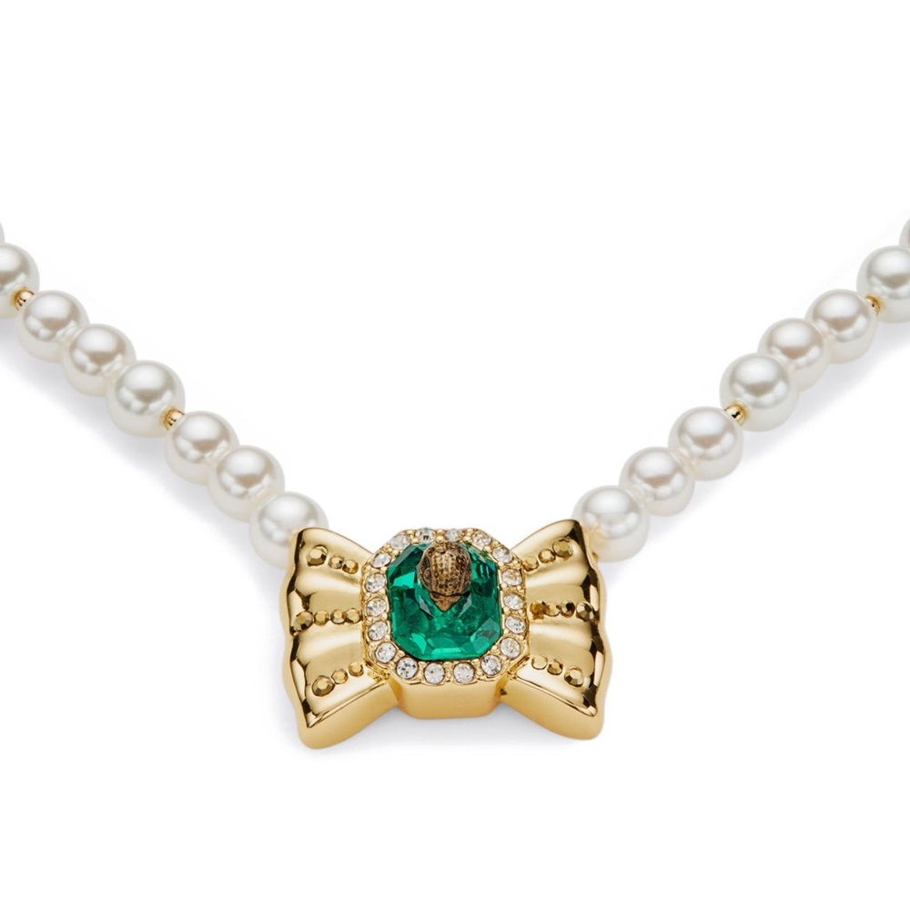 Kurt Geiger London Bow Pendant Necklace - Pearl Strand Green Stone Eagle Head